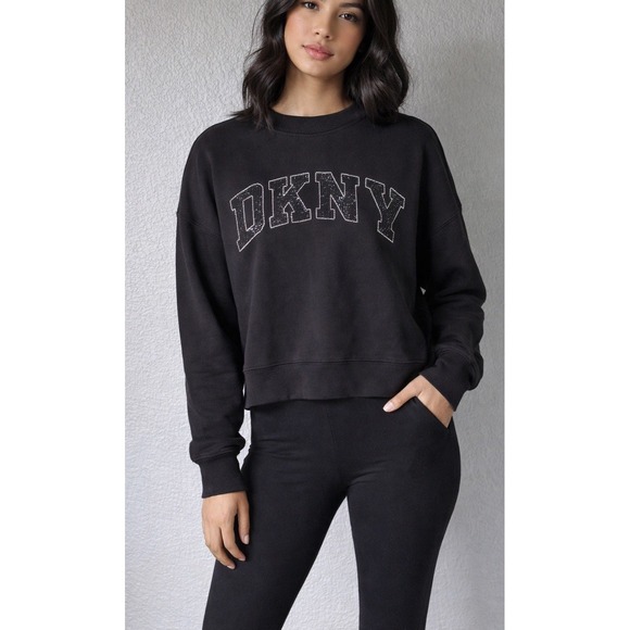 Dkny Tops - DKNY Sport Black Sweatshirt Women Size M Rhinestone Logo Crewneck Pullover
